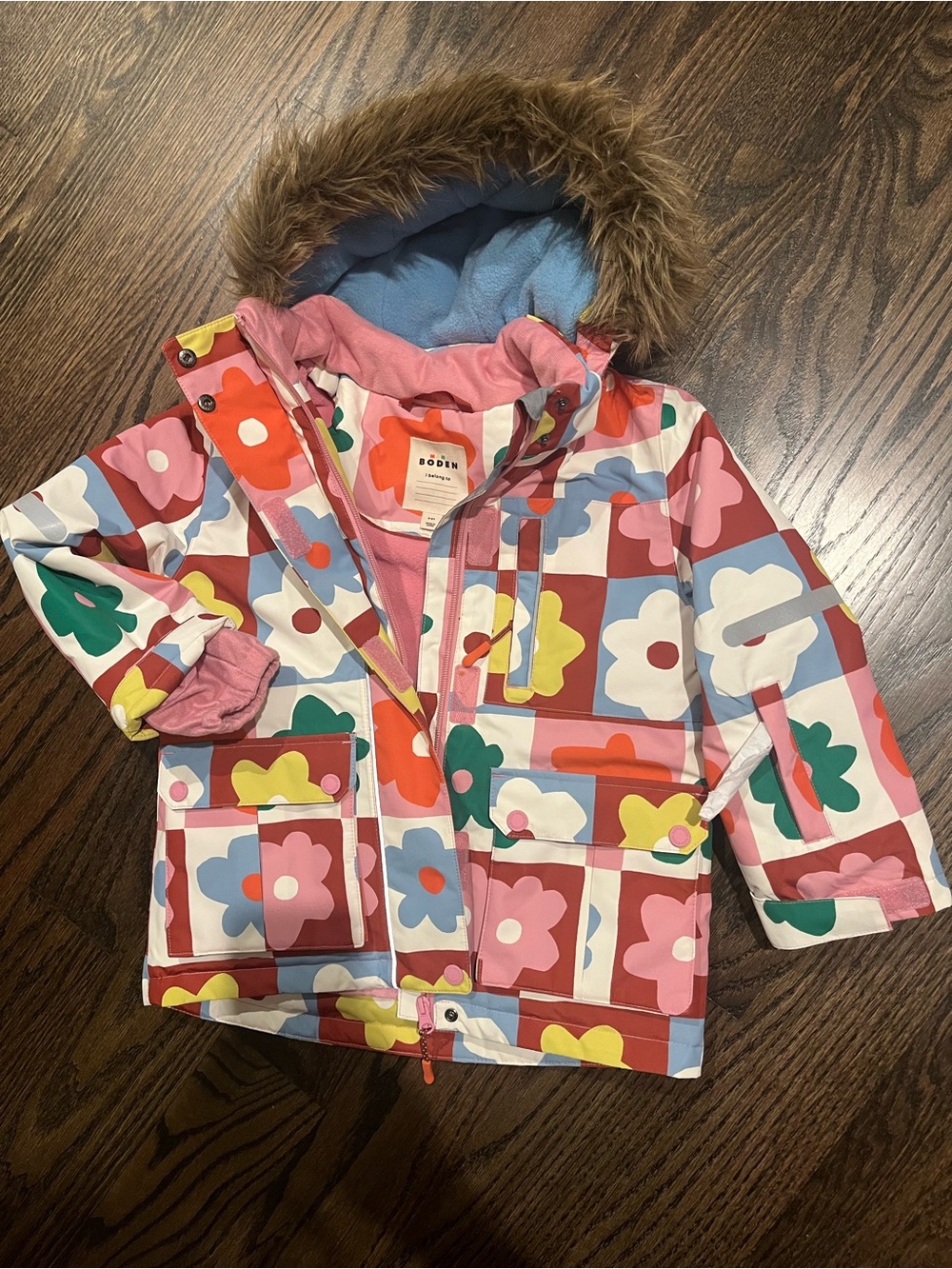 Mini Boden Multicolor Floral Jacket with Faux Fur Hood - All-Weather Waterproof